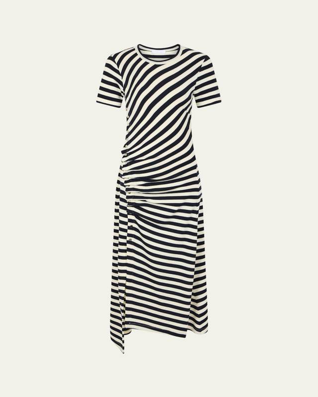 Striped Short-Sleeve Ruched Midi T-Shirt Dress